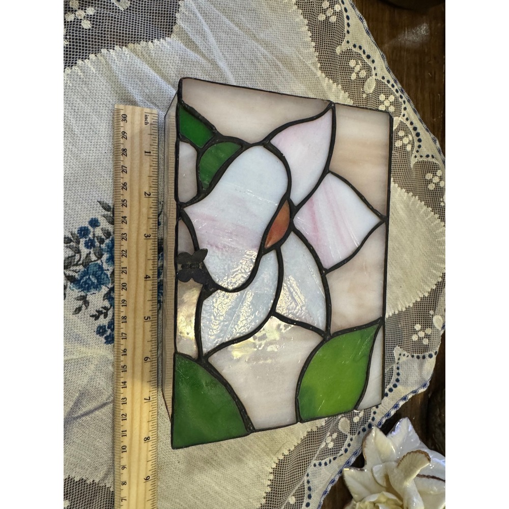 Vintage Stained Glass Trinket Box Floral Slag Glass Jewelry Box Butterfly Accent